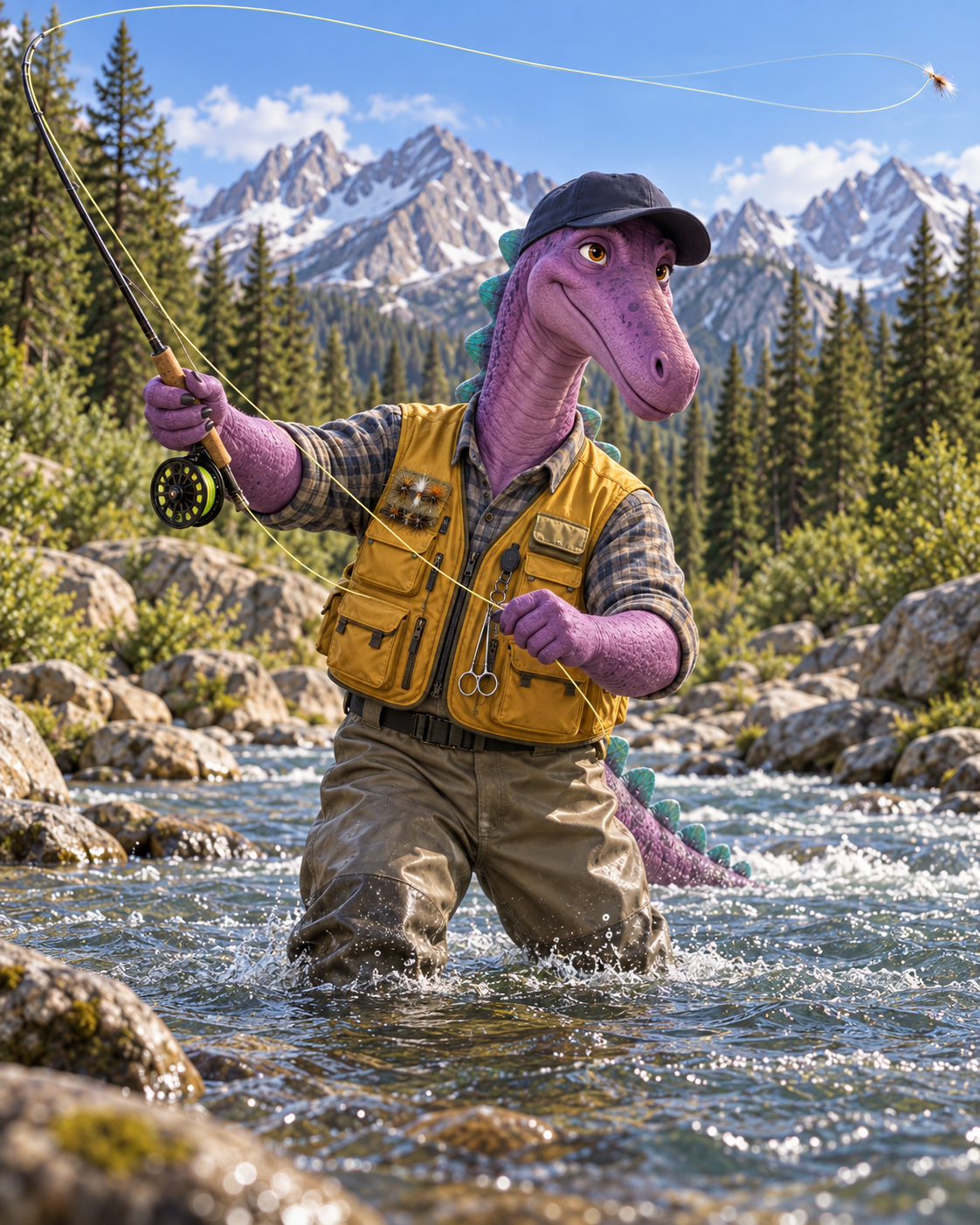 Illustrated purple dinosaur representing Tony fly casting in a Colorado river