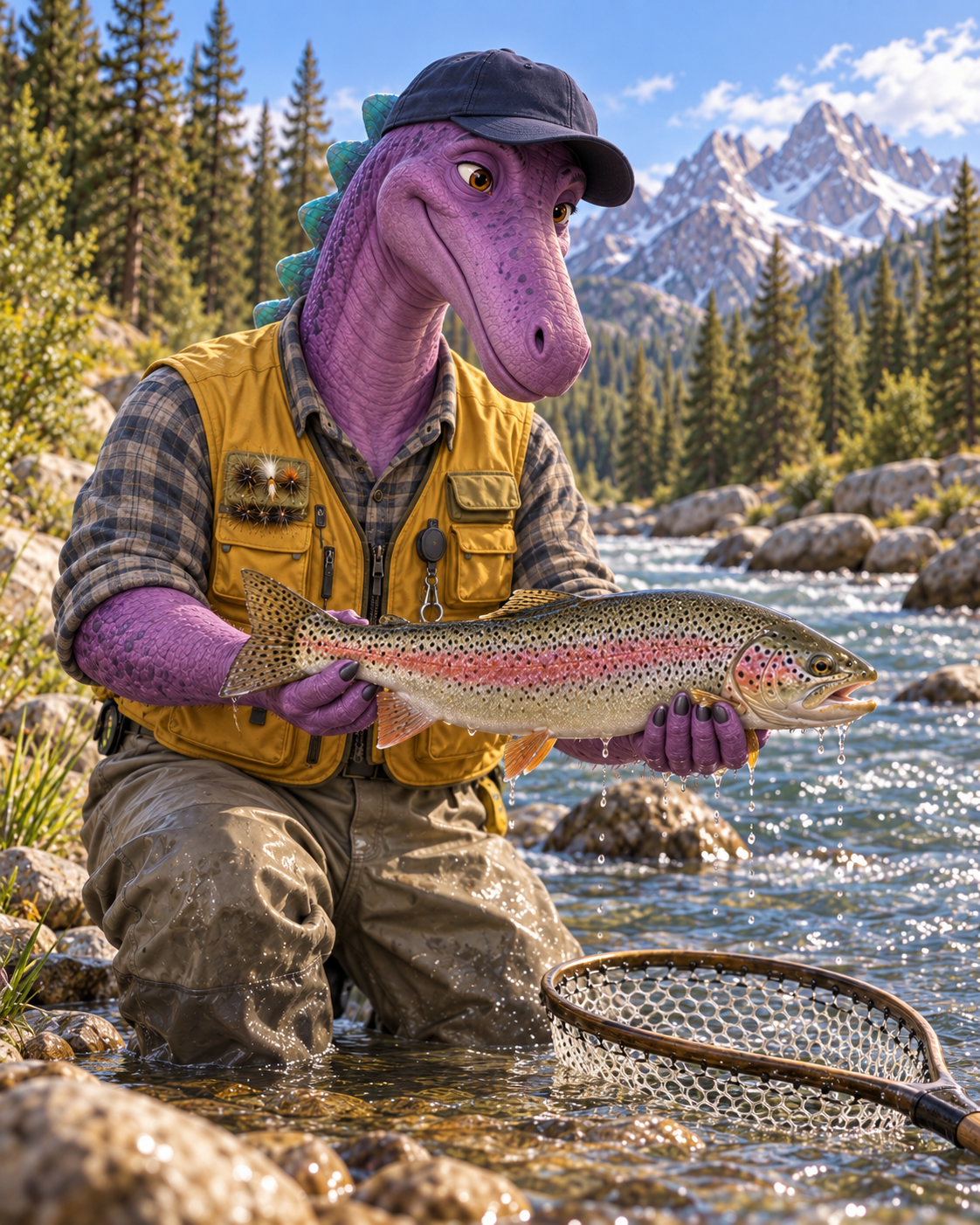 Illustrated purple dinosaur representing Tony holding a large rainbow trout