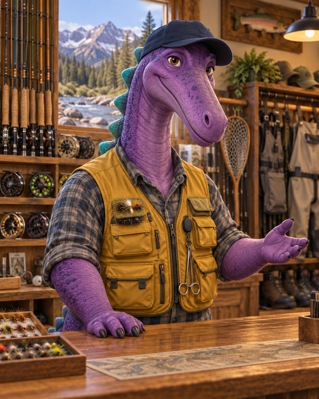 Illustrated purple dinosaur representing Tony Wiersgalla welcoming customers in the fly shop